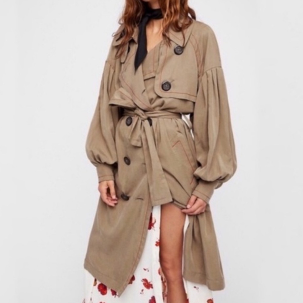 Free People Taupe Balloon-Sleeve Trench Coat